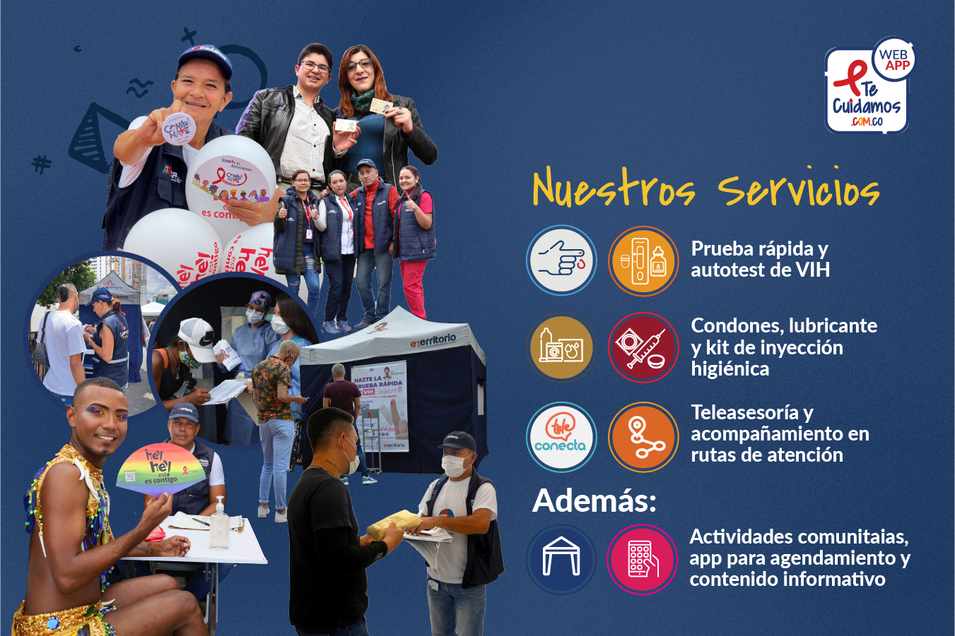 Banner que indica los servicios del proyecto VIH y algunas imágenes recopiladas del mismo.